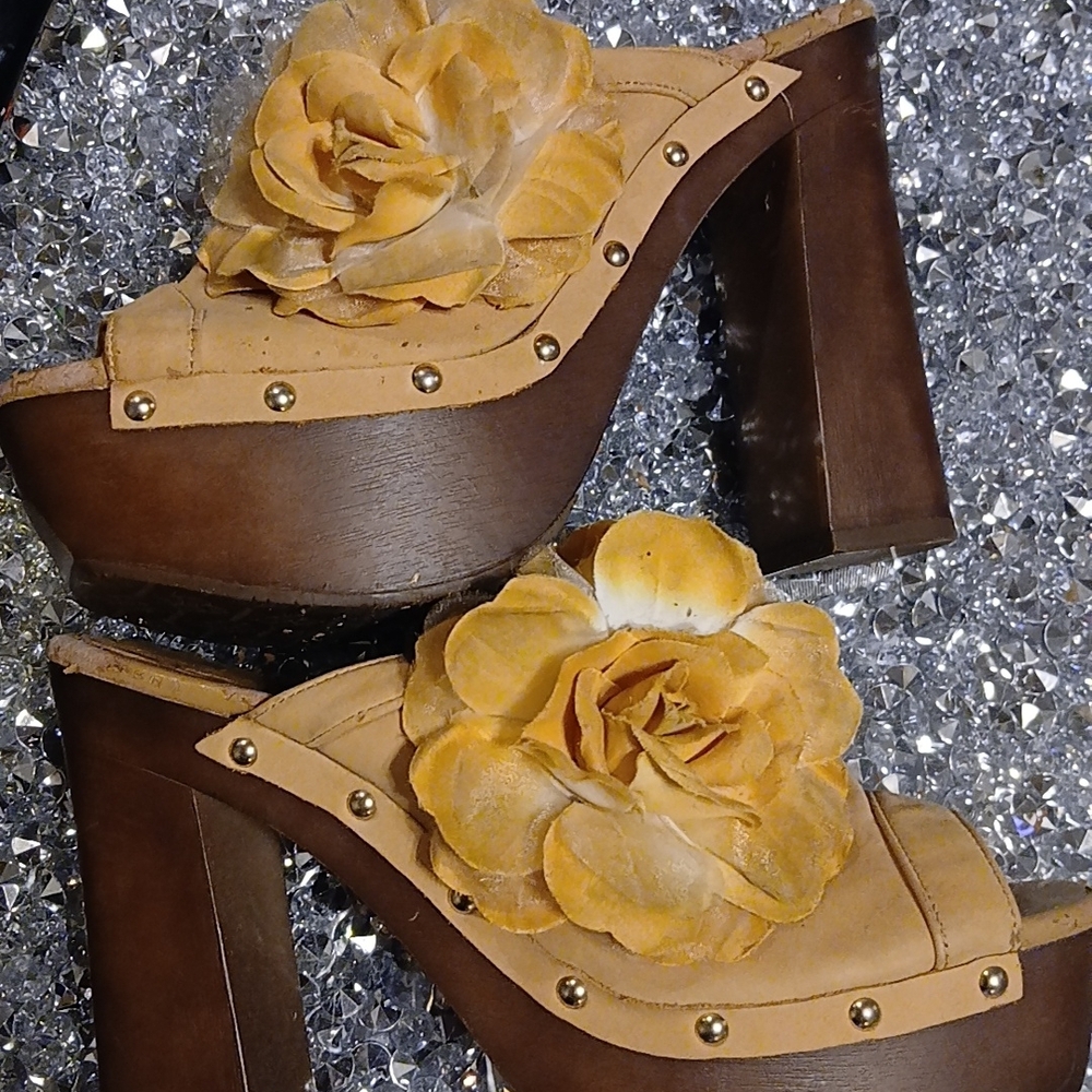 BCBGeneration Brown and Tan Mules with Gold Floral Accent